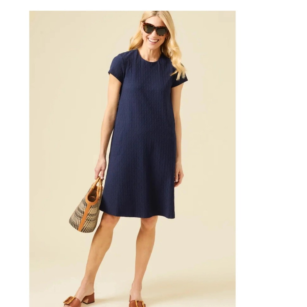 J.McLaughlin Navy Greek Key Jacquard Shift Dress W Small Short Sleeve Pocket